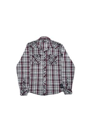 Affliction Plaid Black Premium Button Up Embroidered Skull Shirt Men's L Y2K